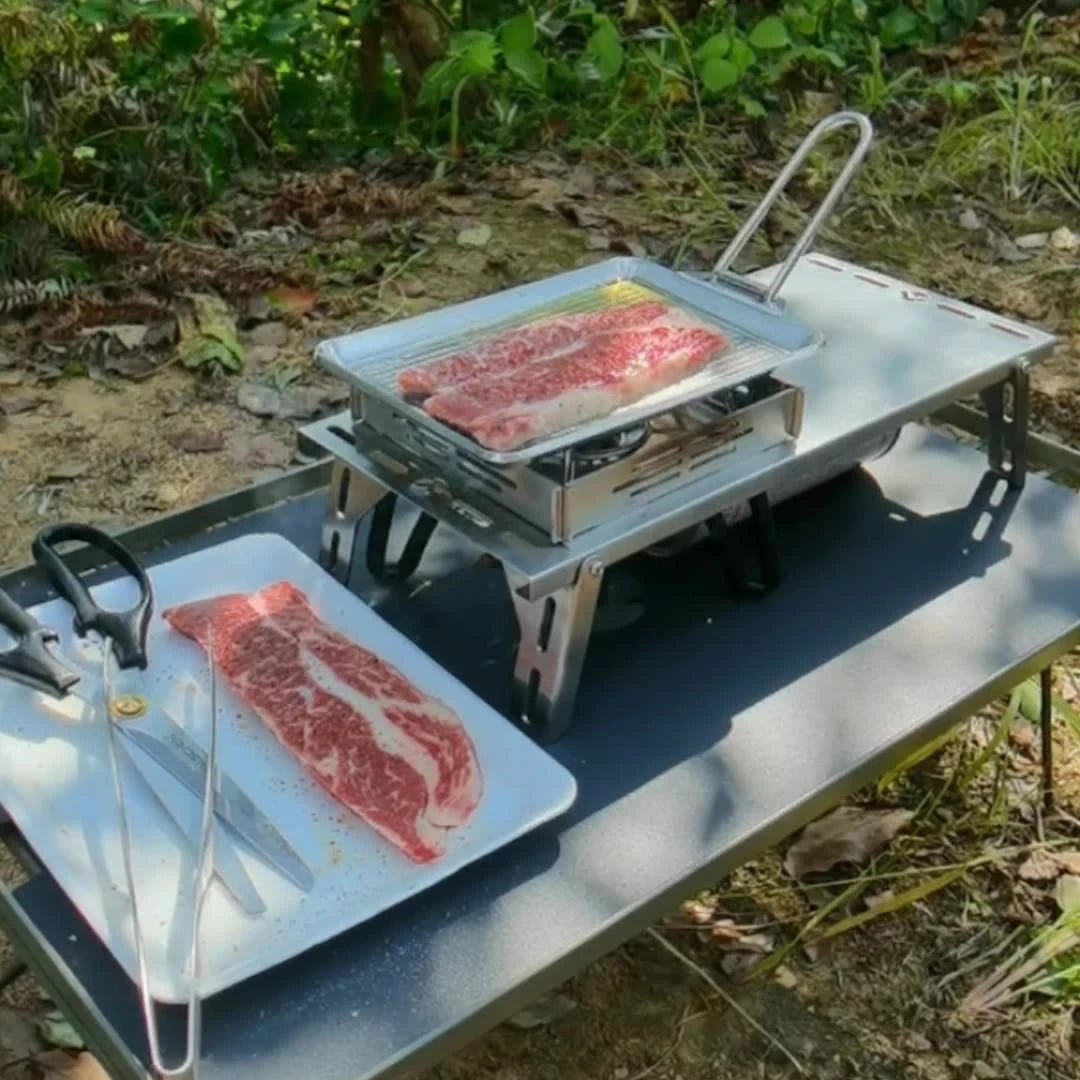 CAMPINGMOON Portable Thickened Stainless Steel Camping Picnic Cookware with Deepened and Detachable Handle, Steak Frying Pan