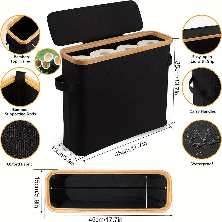 Bamboo toilet paper holder with lid - Self-contained bathroom organizer with handle, enclosed tissue storage box - P12 Hub Europe