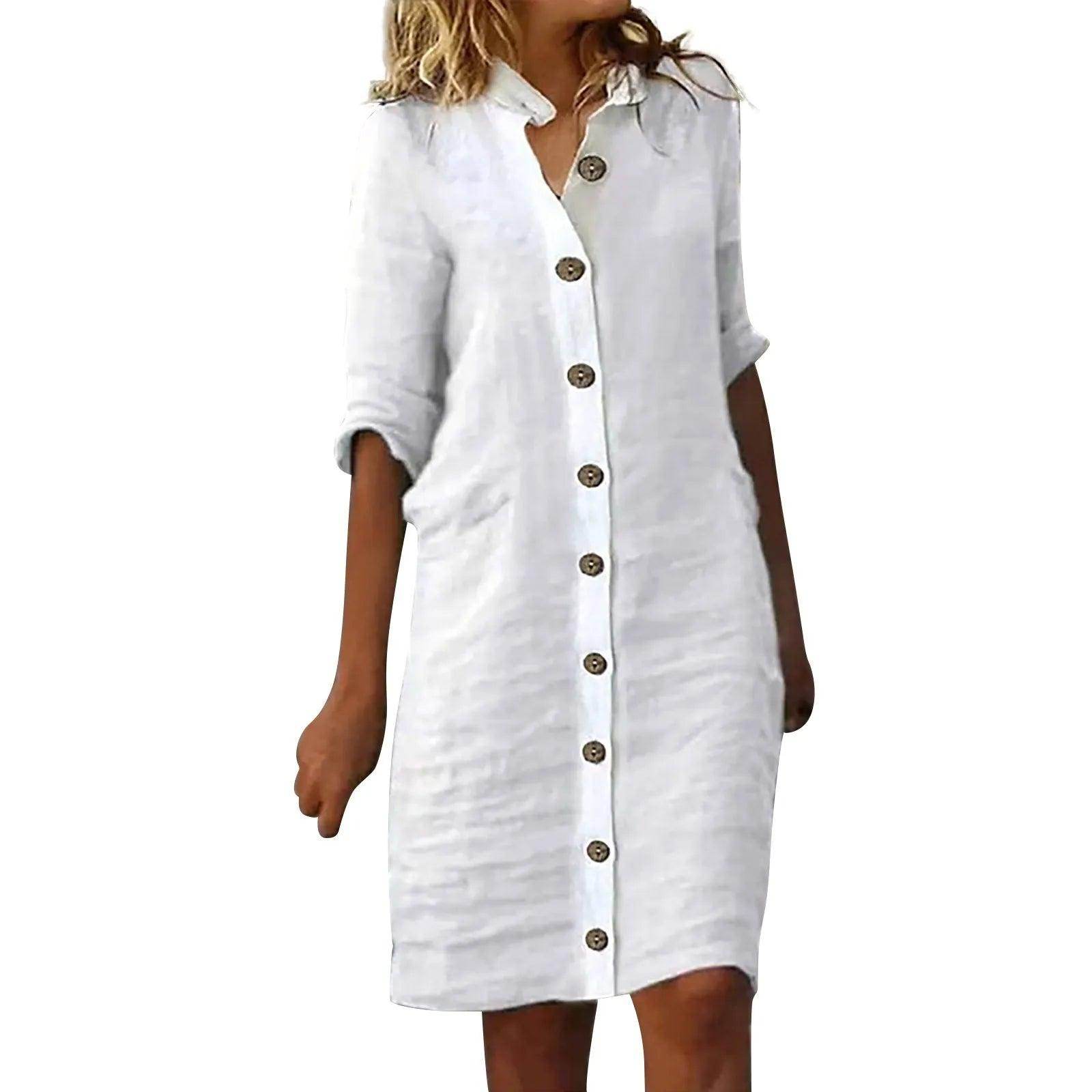 Cotton Linen Button Shirt Dress Casual V-Neck Pockets - P12 Hub Europe