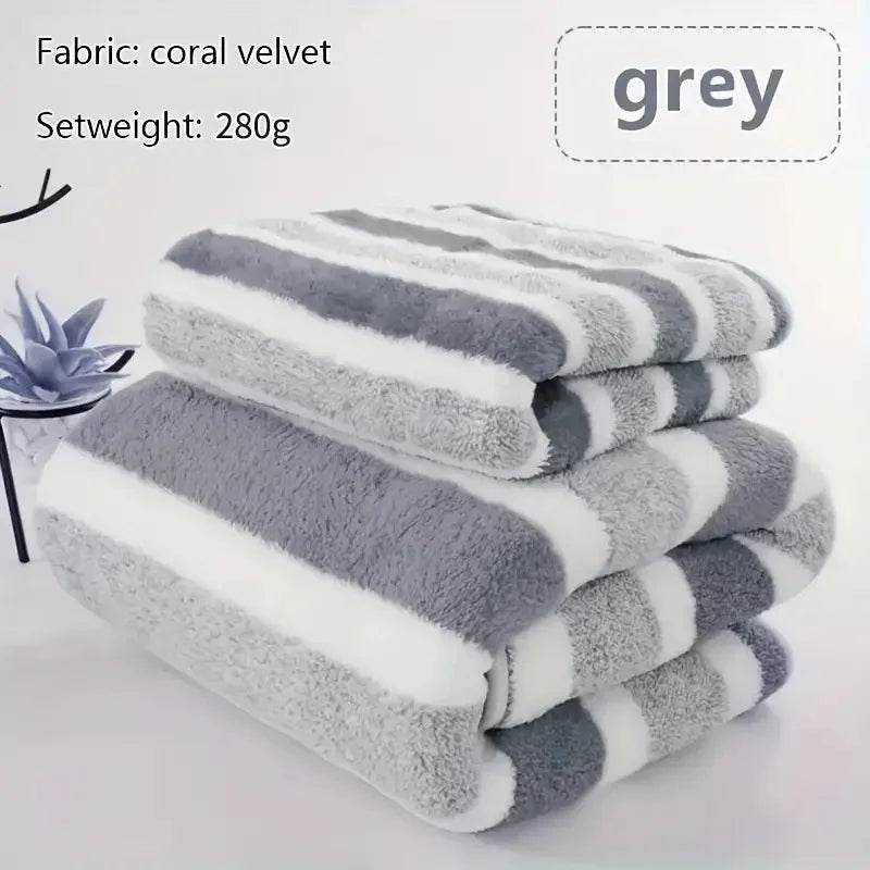2Pcs High-density Absorbent Bath Towel Coral Fleece Wide-striped Towel Non-sheddingPrinted Soft and ComfortableUnisex Bath Towel - P12 Hub Europe