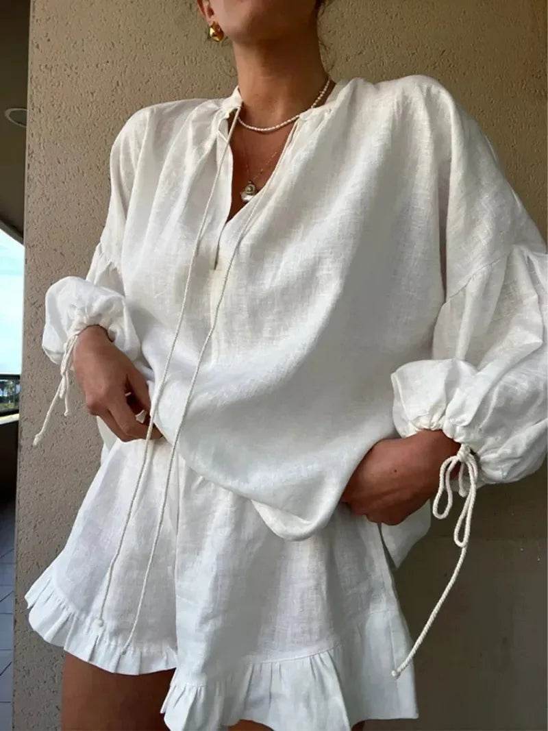 Linen Ruffle Shorts Beach Outfit - P12 Hub Europe
