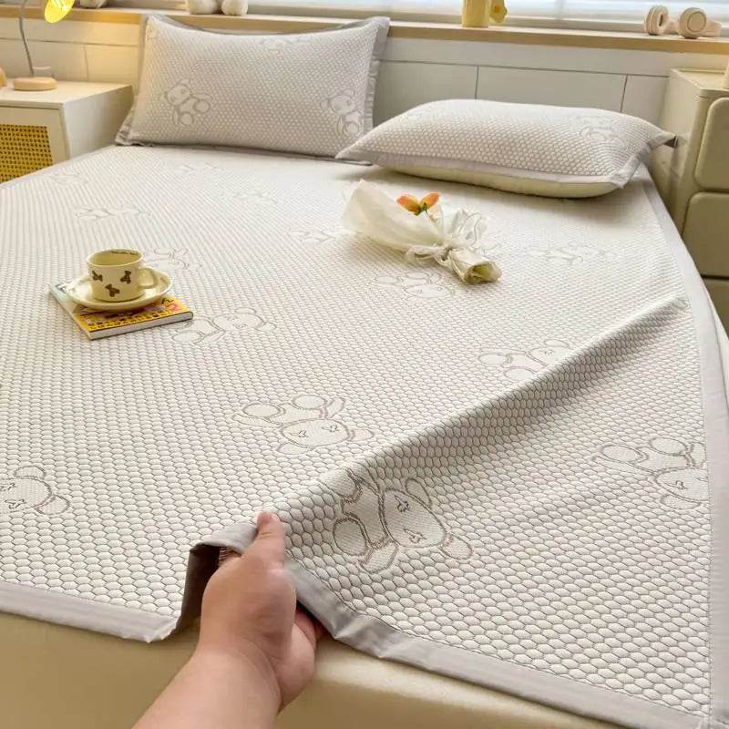 Jacquard Cartoon Bear Cooling Feel Bed Sheet Ice Silk Summer Bedspread Single Queen King Size Elastic Band Fixed Fitted Cover - P12 Hub Europe