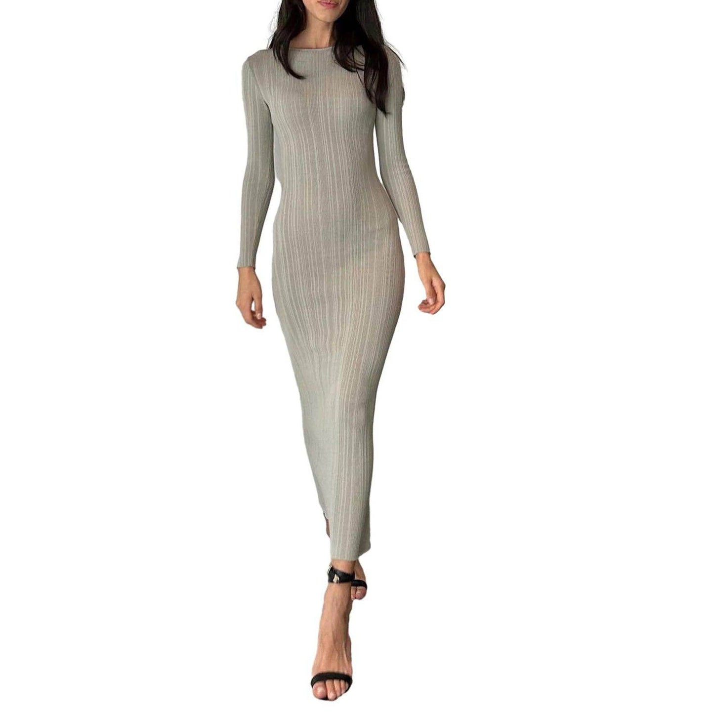 Solid Knit Long Dress Crew Neck Ribbed Slim Fit - P12 Hub Europe