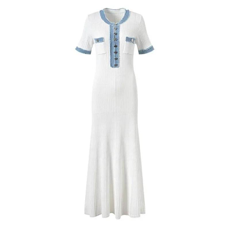 Talenza V-Neck Maxi Dress - Denim Patchwork Office Style - P12 Hub Europe