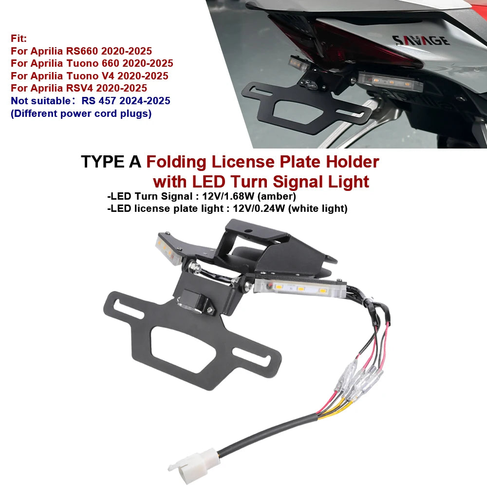 For Aprilia RS660 RSV4 1100 Folding License Plate Holder Tuono V4 660 2020-2025 Fender Eliminator Tail Frame LED Plate Light