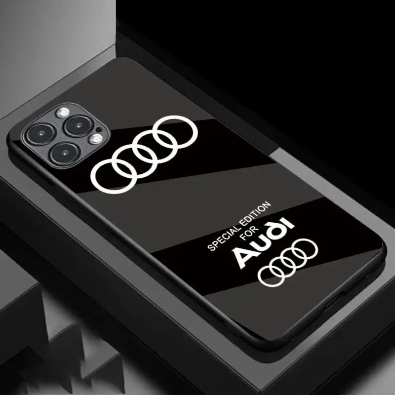 Luxury Mirror Surface Glass Hard Cover For Car Logo Audi Phone Case iPhone 16 Pro Max Cases 13 15 14 Plus 12 Mini 11 X XR XSMAX