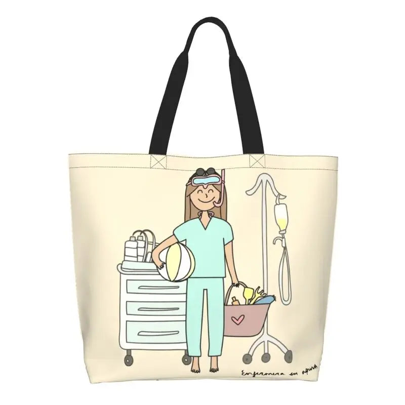 Cartoon Doctor Nurse Enfermera En Apuros Grocery Bags Large Capacity Aesthetic Merch For Woman Street Shoulder Bag