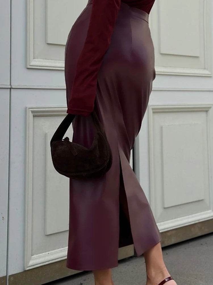 Women's Burgundy PU Slit Skirt - P12 Hub Europe