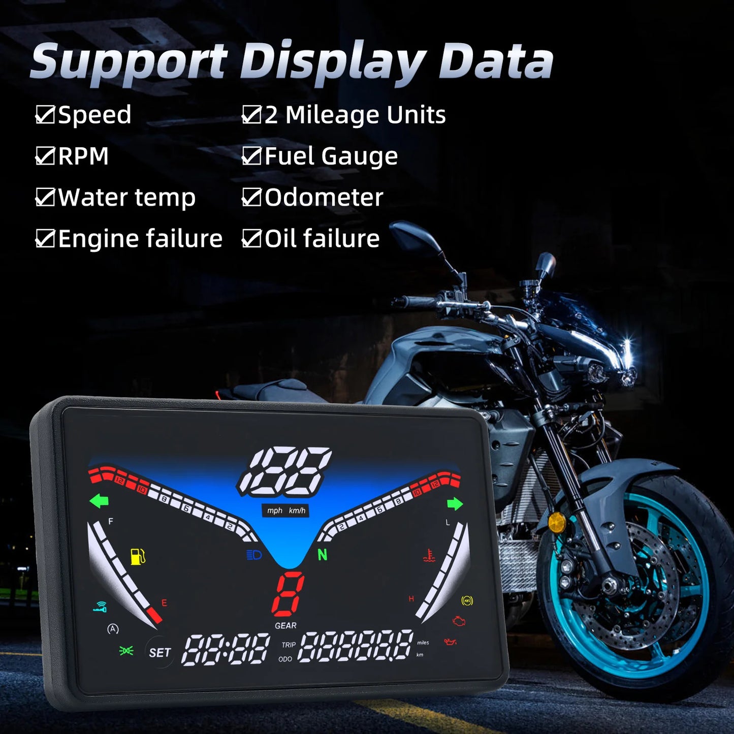 Motorcycle 12V Universal Digital Speedometer LCD RPM Tacho Oil Gauge Water Temp Gear LED Indicator 199km/h with Sensor Bracket X