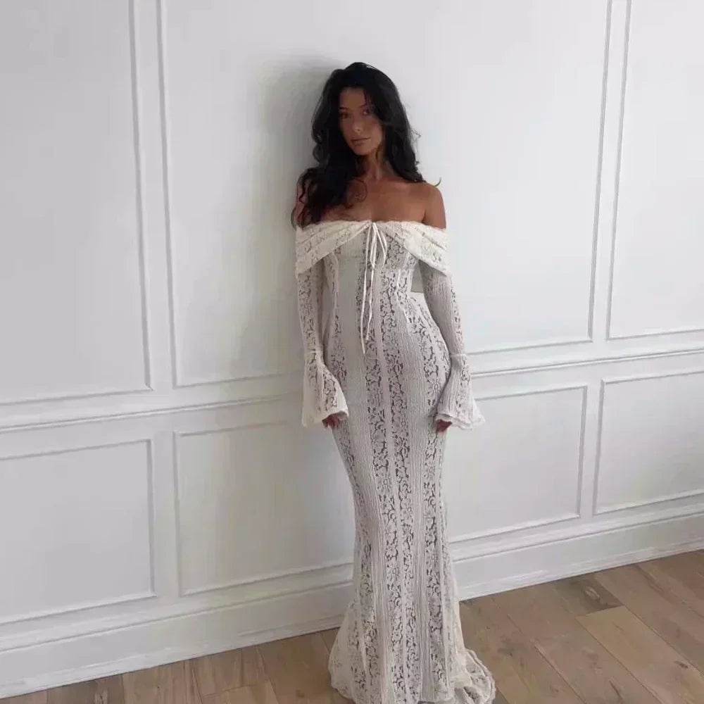 White Off Shoulder Lace Maxi Dress - Wedding Guest - P12 Hub Europe