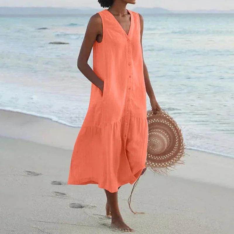 Loose Patchwork Cotton Midi Dress Sleeveless V-Neck Beach - P12 Hub Europe