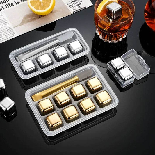 304 Food Stainless Steel Ice Cubes Set Reusable Chilling Stones for Whiskey Wine Cooling Cube Rock with Tongs Kitchen Bar Tools - P12 Hub Europe