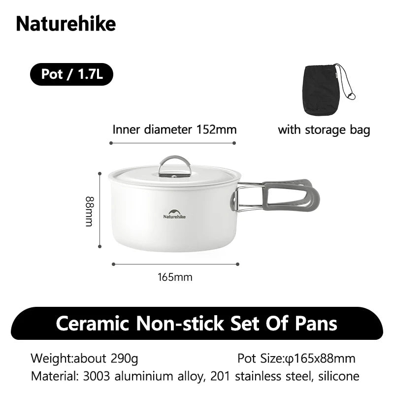 Naturehike Camping Cookware Ceramic Non-Stick Set Of Pots Outdoor Portable Tableware Kettle Frying Pan Cookset Kitchen Utensils
