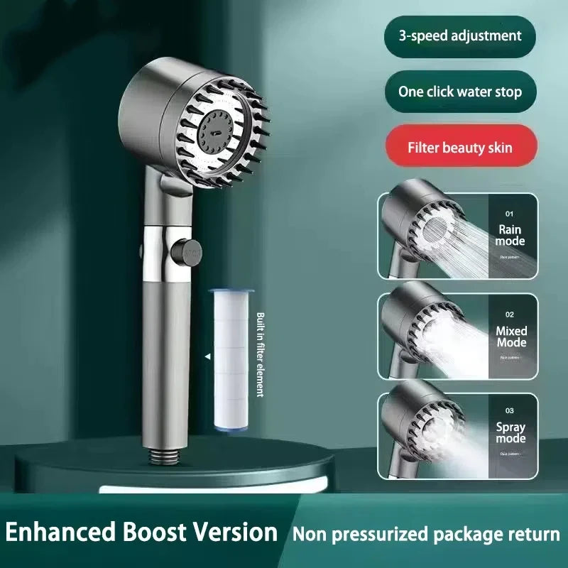 High Pressurized Filter Shower Head 3-mode Adjustable Spray With Massage Brush Rain Faucet Shower Set Bathroom Accessory