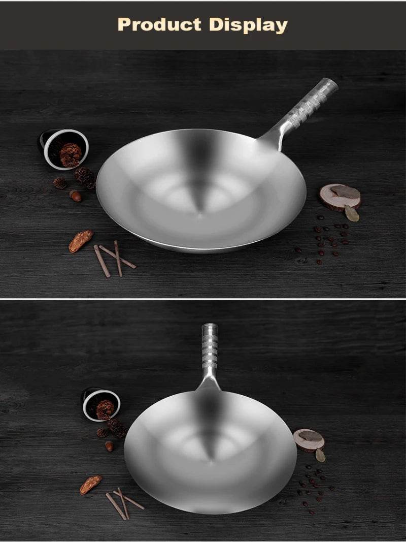 Household frying pan Portable Single handle Uncoated thickened frying pan 34cm Stainless Steel Round bottom No Rust Wok for Gas - P12 Hub Europe