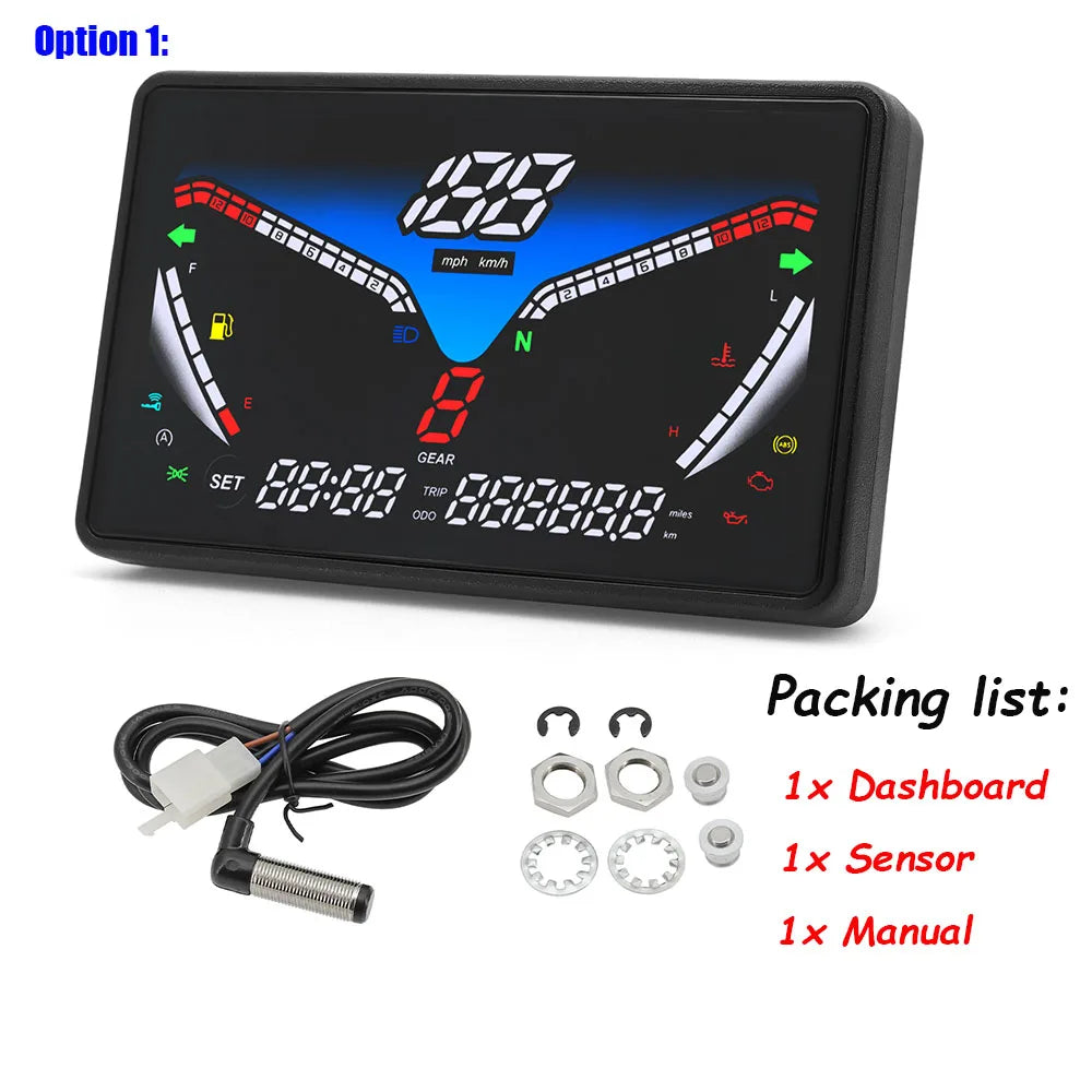 Motorcycle 12V Universal Digital Speedometer LCD RPM Tacho Oil Gauge Water Temp Gear LED Indicator 199km/h with Sensor Bracket X