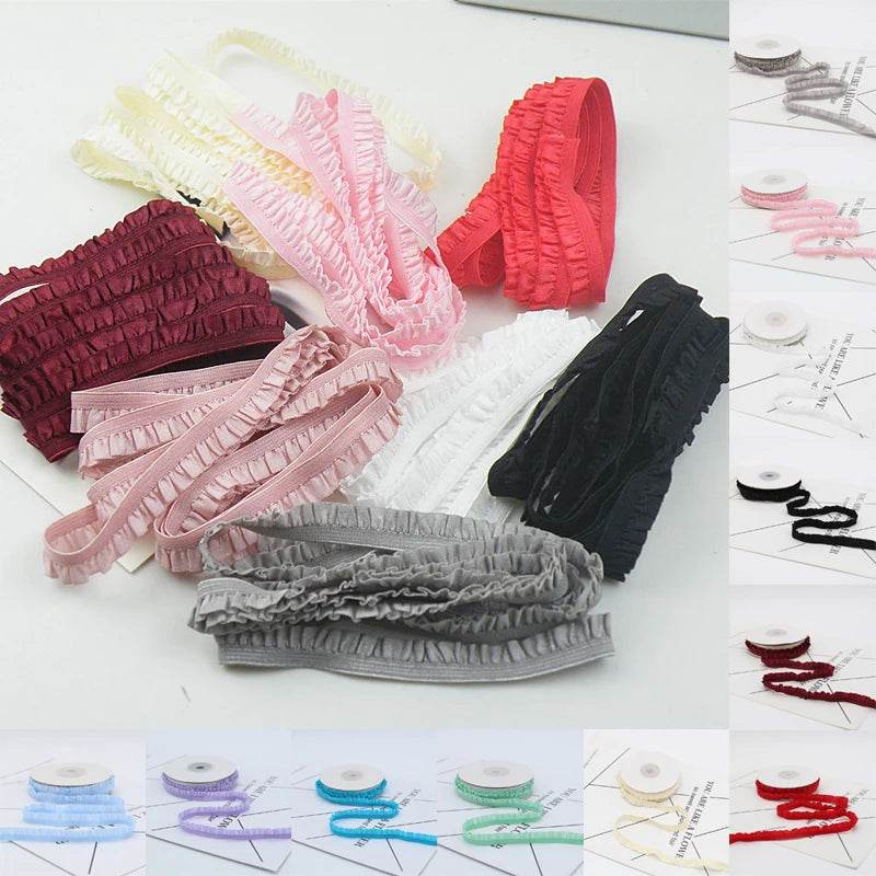 5yards 1cm Pleated Stretch Lace Trim Ribbon Ruffled Elastic Band Headdress Gift Box Bow Decorative DIY Craft Supplies - P12 Hub Europe