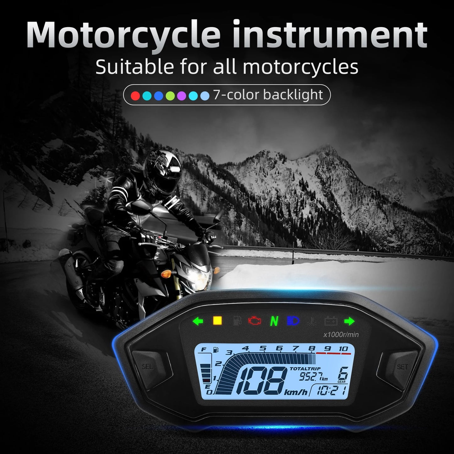 Newest Universal Motorcycle Speedometer 7 Colors Digital Meters Instrument LCD 13000rpm Tachometer Turn Signal Light Indicator