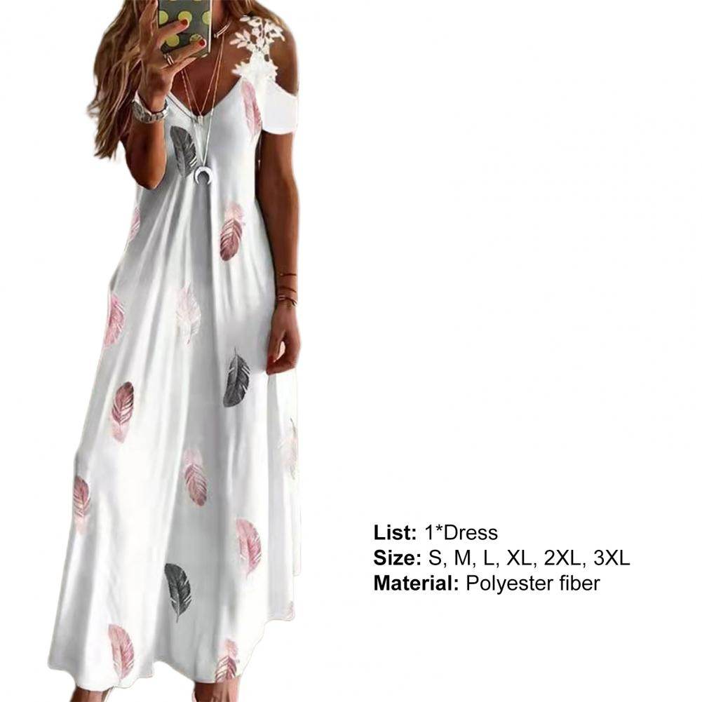 Feather Print Lace Sling Maxi Dress - Loose A-Line Summer Style - P12 Hub Europe