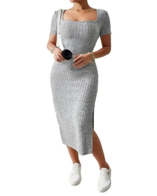 Square Neck Knit Midi Dress Short Sleeve Slit - P12 Hub Europe