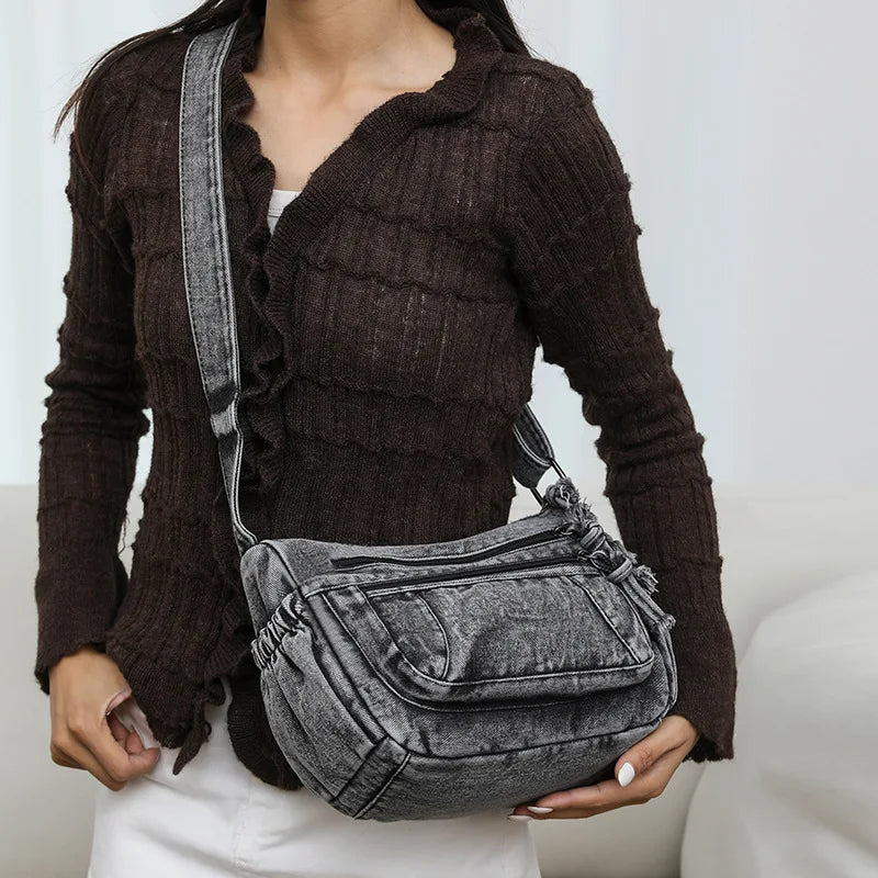 Women Retro Travel Sling Shoulder Bag Casual Washed Denim Commuting Crossbody Bag Female Shopping Tote Handbags Large Day Pack