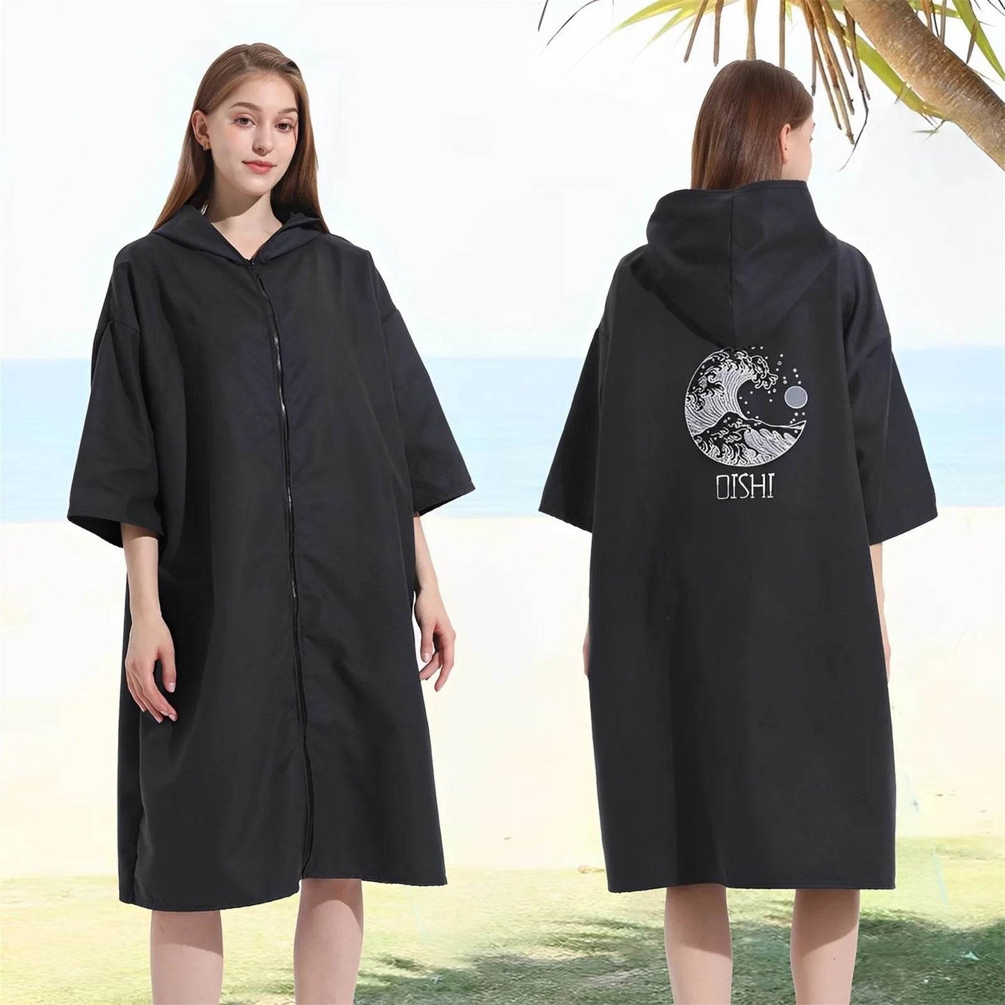 Changing Robe with Hood Microfiber Towel Poncho with Zipper Short Sleeve Surf Poncho Quick Dry Oversized Changing Towel Robe New - P12 Hub Europe