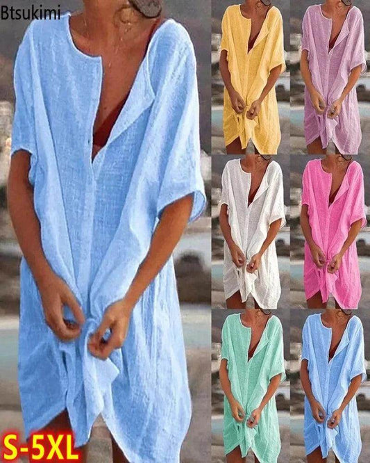 Cotton Linen Beach Dress Solid Casual Loose Tunic - P12 Hub Europe