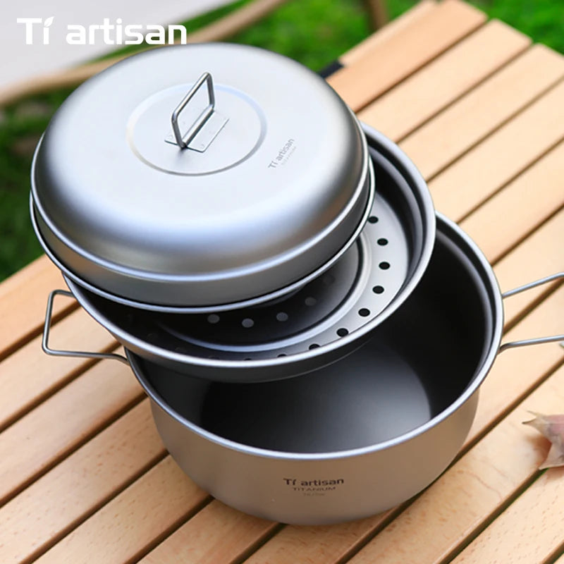 Tiartisan 2.1L/ 2.8L Titanium Camping Soup Pot Set Outdoor Lightweight Steamer with Steam Compartment Multi Functional Cookware