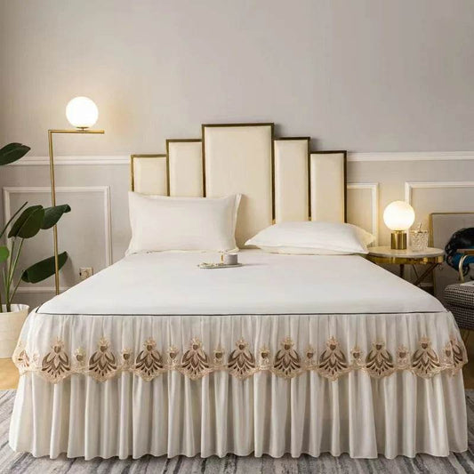 3pcs Set Raw Cotton Soft Bedspread Bed Romance Dust Protector Cover Embroidery Lace Edge Bed Skirt with 2pcs Pillowcase - P12 Hub Europe