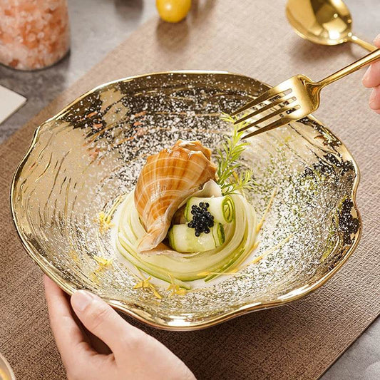 Lotus-shaped Ceramic Bowl Gradient Gold Irregular Ceramic Bowl Shaped Salad Bowl Kitchen Tableware Table Decoration Plate - P12 Hub Europe
