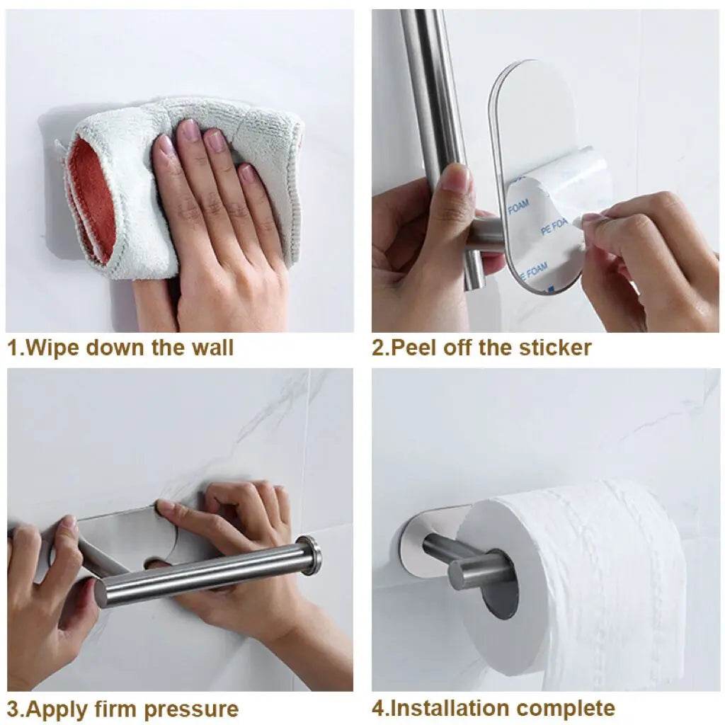 Self Adhesive Toilet Paper Towel Holder Punch-free Roll Paper Holder Kitchen Hook Storage Holder Stainless Steel Wall Mount - P12 Hub Europe