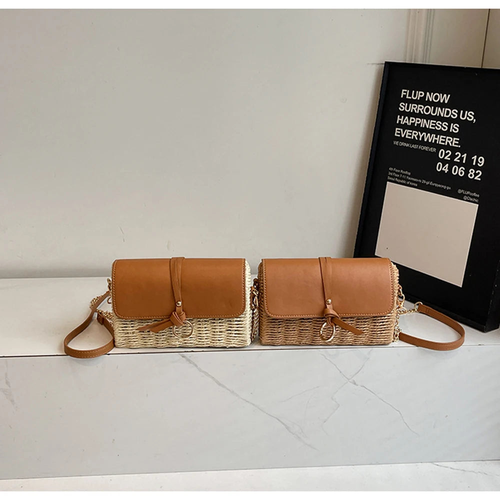 Spring Trendy Small Knitting Square Handbag Women's Casual Fashion Simple Chain Crossbody Bag PU Leather Flip Cover Beach Bags