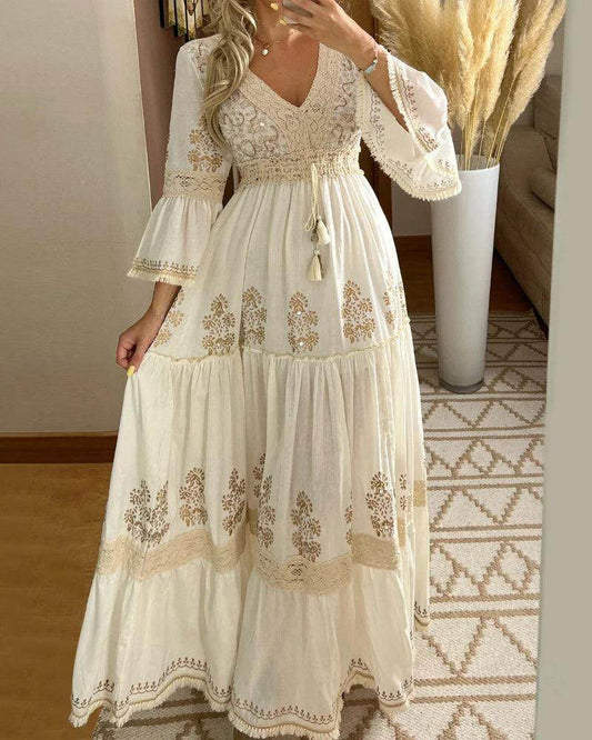 Retro Floral Lace V-Neck Maxi Dress Elegant Vintage - P12 Hub Europe
