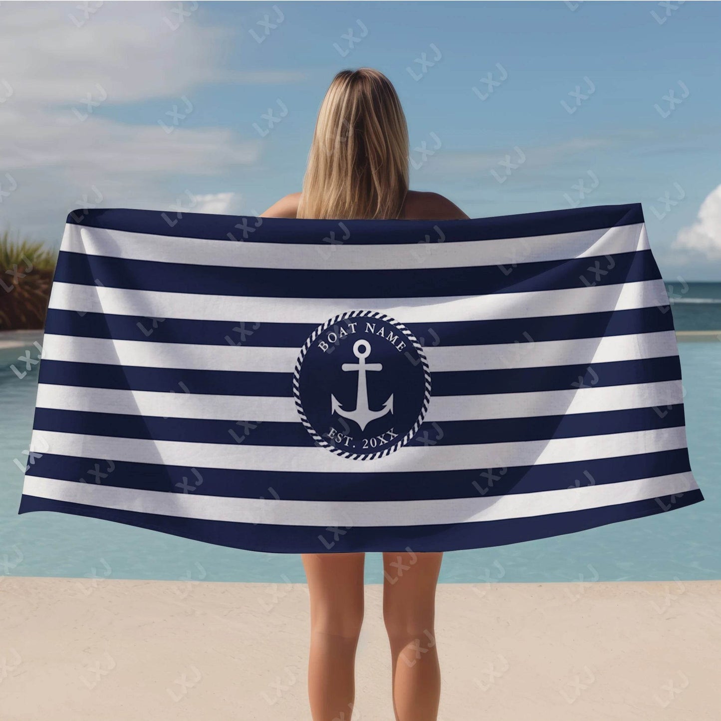 Personalized Custom Boat Name Beach Towel Nautical Striped Bath Towel for Adults Soft Quick Dry Perfect for Travel and Pool - P12 Hub Europe