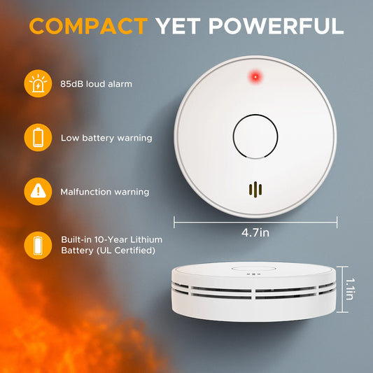 Smoke Alarm for Home, 10-Year Battery Smoke Detector Fire Alarm with Big Test/Silence Button, CE, VS02