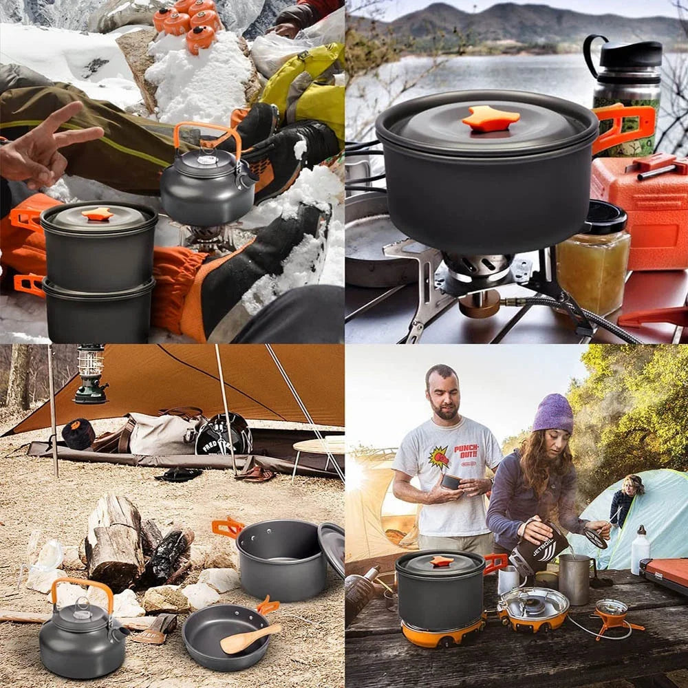 Outdoor camping cookware set aluminum lightweight equipment outdoor multi-person picnic easy to carry and equipped with mesh bag