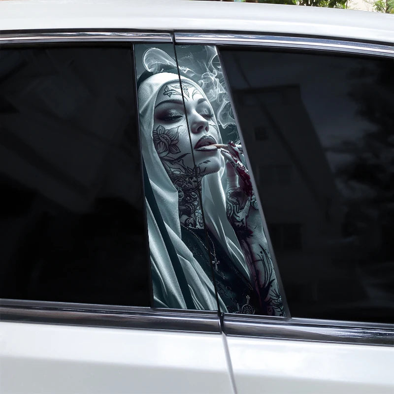 2pcs Smoking Nun Car Sticker Car B-Pillar Sticker DIY Car Door Pillar Decal Waterproof Decal Cover Scratched Decal Nun Sticker
