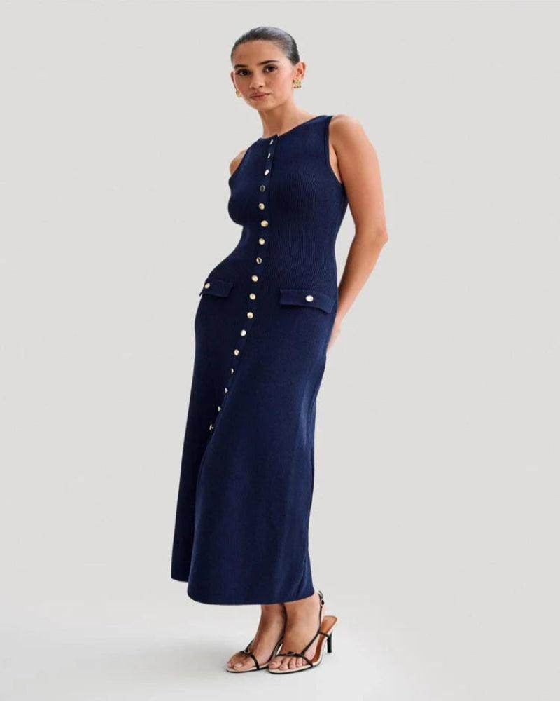 Knit Button Long Dress Sleeveless Elegant - P12 Hub Europe
