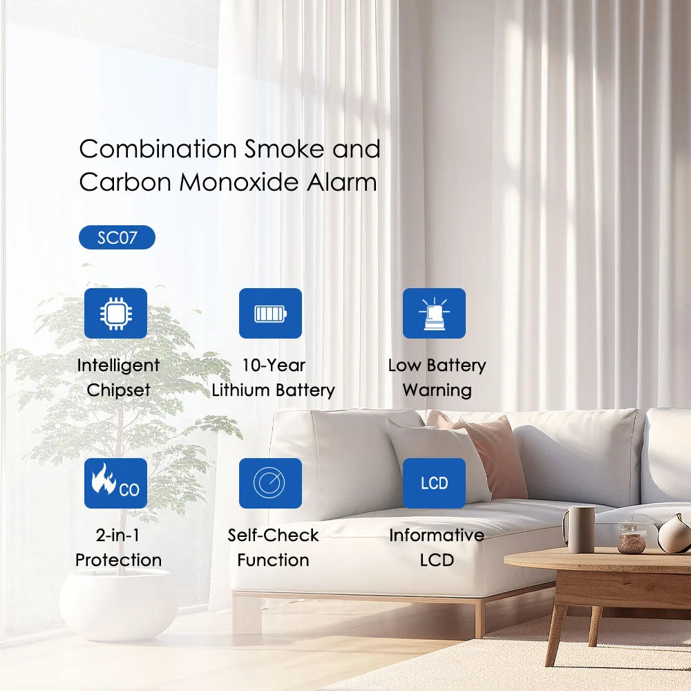 DFA 2 in 1 Standalone Smart Co & Smoke Detector Alarm Carbon Monoxide Parlor Room Kitchen Shop Fire 85 dB Sound Sensor Alert