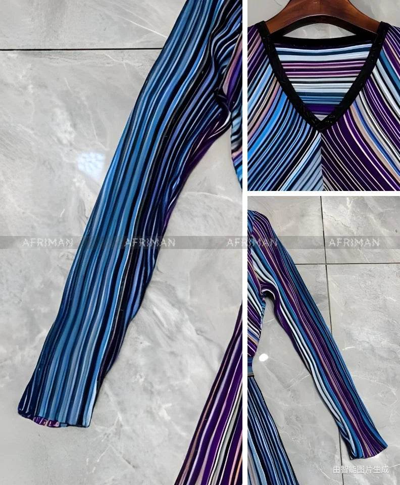 V-Neck Knit Dress - Silk Color Mosaic & Stripe Waist - P12 Hub Europe
