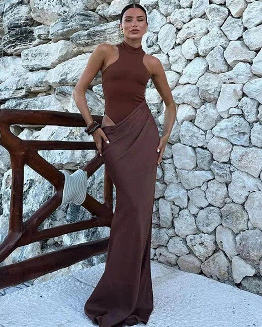Satin Sexy Hollow Out Maxi Dress Sleeveless High Waist - P12 Hub Europe