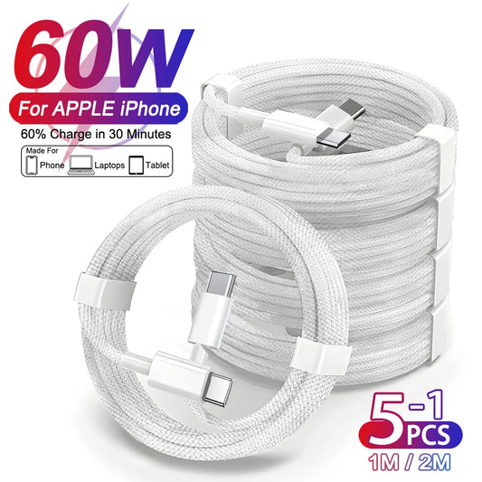 1-5Pcs 60W Original Braided USB C to Type C Cable For Apple iPhone 17 Air 15 16 Pro Max Fast Charging Cable TypeC Wire Data Cord