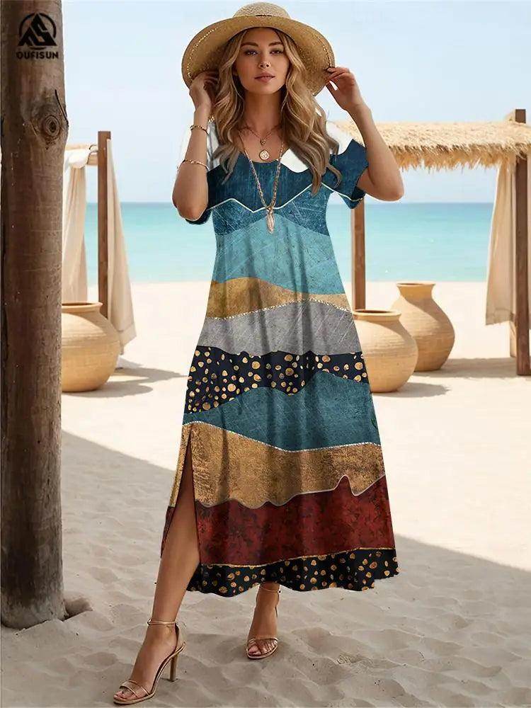 Marble Patchwork Boho Maxi Dress Slit Short Sleeve - P12 Hub Europe