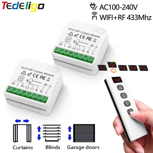 Tuya WiFi Smart Curtain Switch Electric Rolling Shutter App Voice Control Alexa Alice with RF 433 MHz 5CH Remote Control