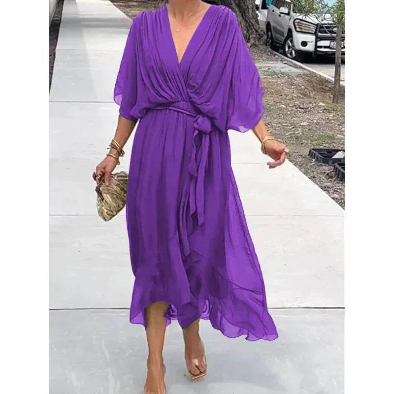 V-Neck Bat Sleeve Dress - Strappy Irregular Summer Style - P12 Hub Europe