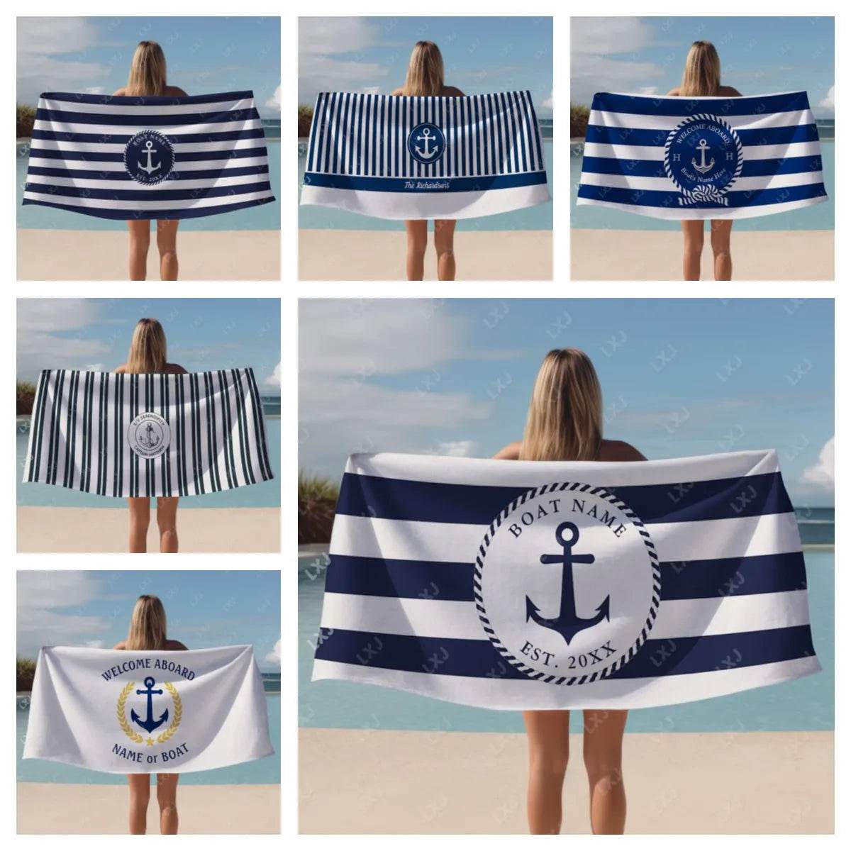 Personalized Custom Boat Name Beach Towel Nautical Striped Bath Towel for Adults Soft Quick Dry Perfect for Travel and Pool - P12 Hub Europe