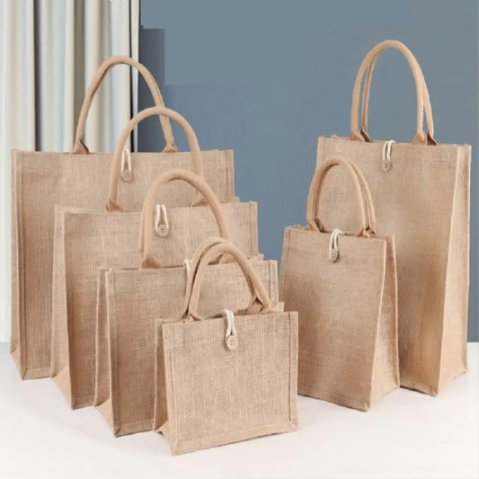 Large Capacity Shopping Bag Versatile Jute Tote Bag Portable Lunch Bag Linen Button Reusable  Burlap Bag Gift Packing Handbag
