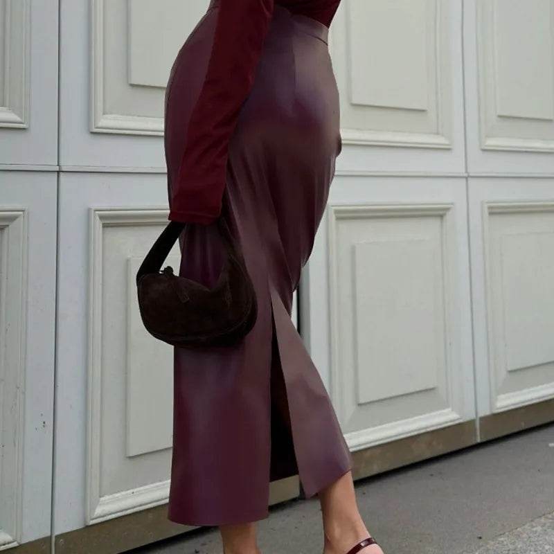 Women's Burgundy PU Slit Skirt - P12 Hub Europe