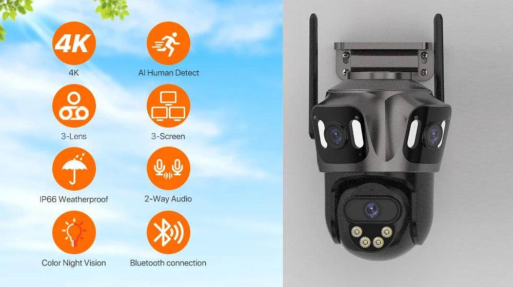 Outdoor Camera 4K 8MP 3-Lens Outdoor Cam | AI Track, PTZ, Color Night - P12 Hub Europe