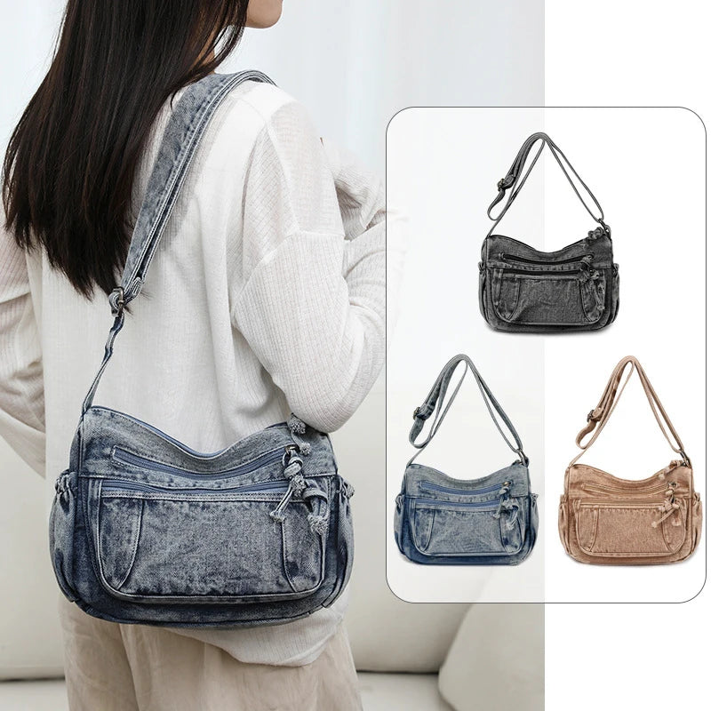 Women Retro Travel Sling Shoulder Bag Casual Washed Denim Commuting Crossbody Bag Female Shopping Tote Handbags Large Day Pack